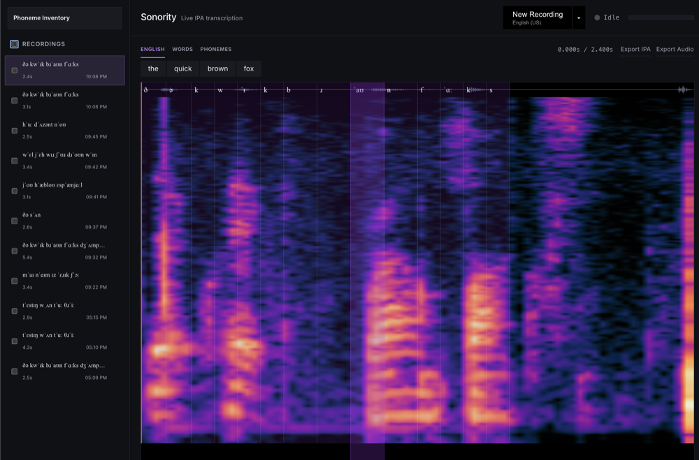 phonemizer.live: spectrogram with per-phoneme region overlays and transcript tabs